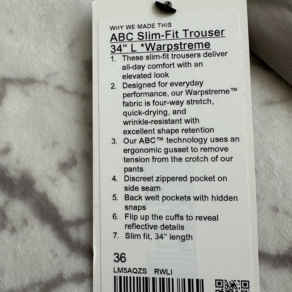 Lululemon Men's ABC Slim-Fit 5 Pocket Pant Warpstreme Grey Size 36 NEW - Picture 7 of 10